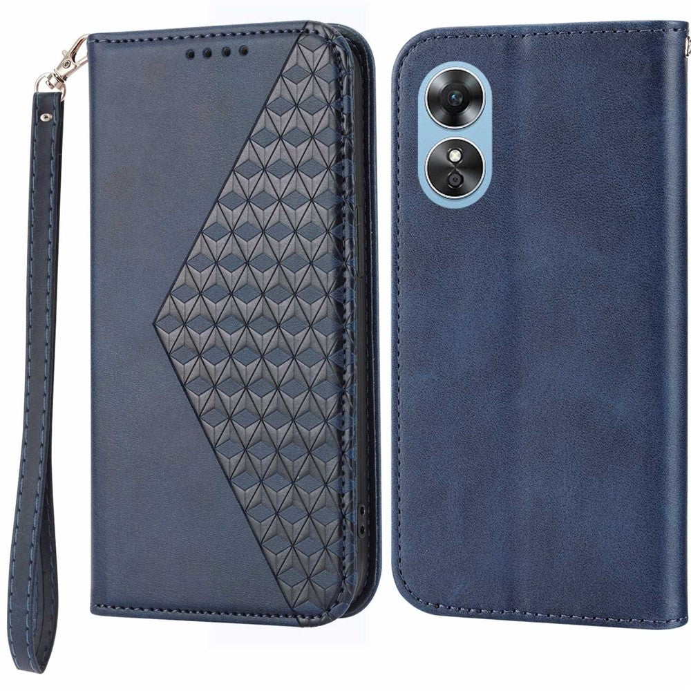 For Oppo A17 4G / A17k 4G Anti-scratch PU Leather Case Wallet Magnetic Closure Imprinted Rhombus Pattern Phone Stand Calf Texture Cover with Strap