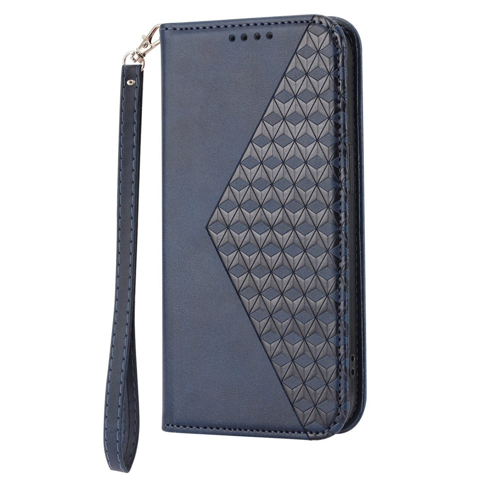 For Oppo A17 4G / A17k 4G Anti-scratch PU Leather Case Wallet Magnetic Closure Imprinted Rhombus Pattern Phone Stand Calf Texture Cover with Strap