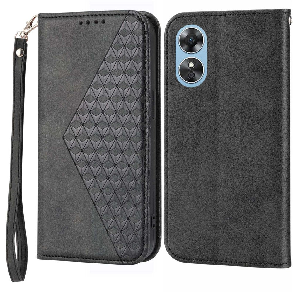 For Oppo A17 4G / A17k 4G Anti-scratch PU Leather Case Wallet Magnetic Closure Imprinted Rhombus Pattern Phone Stand Calf Texture Cover with Strap