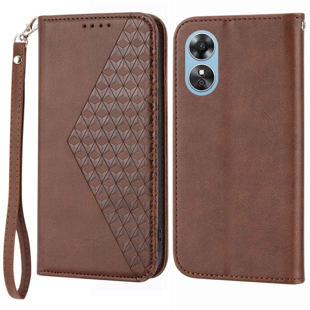 For Oppo A17 4G / A17k 4G Anti-scratch PU Leather Case Wallet Magnetic Closure Imprinted Rhombus Pattern Phone Stand Calf Texture Cover with Strap
