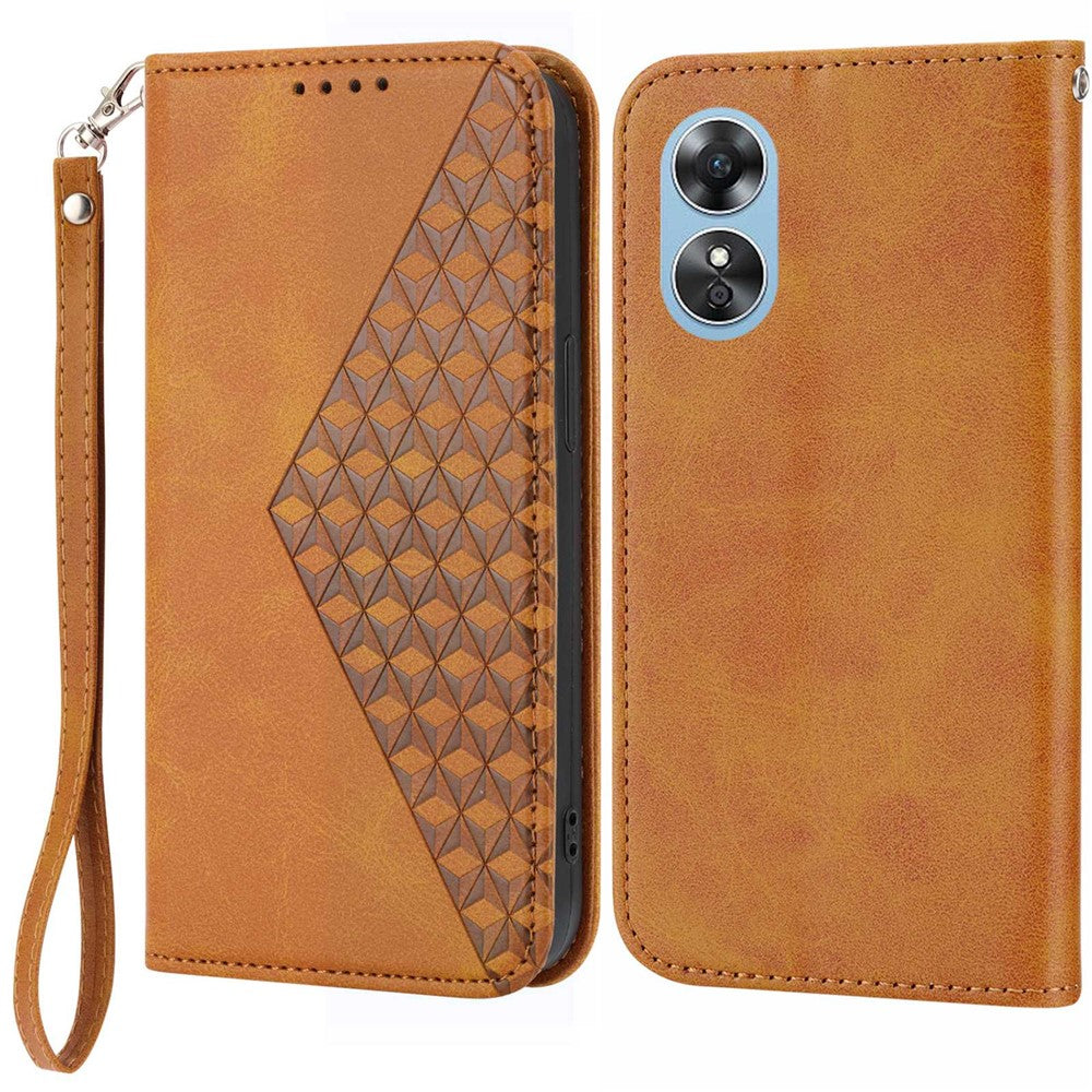 For Oppo A17 4G / A17k 4G Anti-scratch PU Leather Case Wallet Magnetic Closure Imprinted Rhombus Pattern Phone Stand Calf Texture Cover with Strap