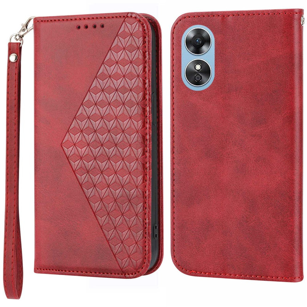 For Oppo A17 4G / A17k 4G Anti-scratch PU Leather Case Wallet Magnetic Closure Imprinted Rhombus Pattern Phone Stand Calf Texture Cover with Strap