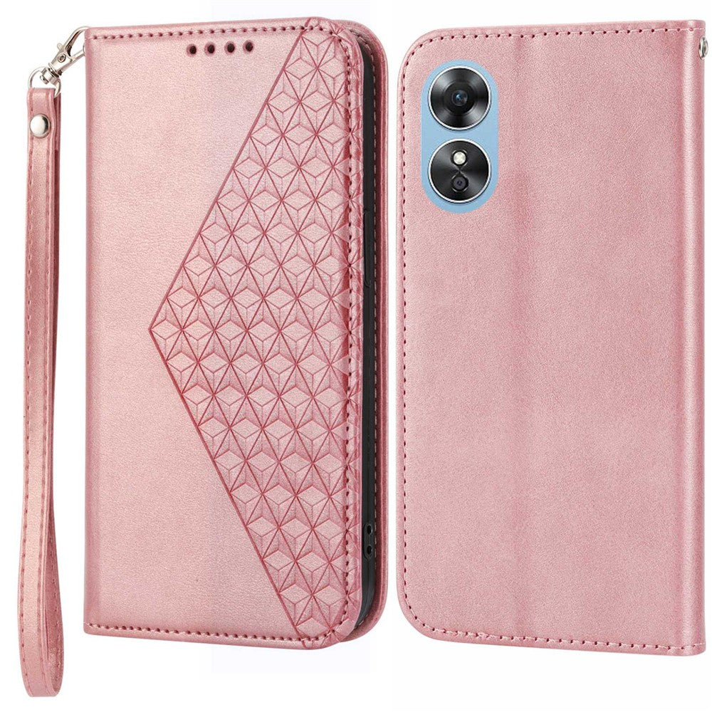 For Oppo A17 4G / A17k 4G Anti-scratch PU Leather Case Wallet Magnetic Closure Imprinted Rhombus Pattern Phone Stand Calf Texture Cover with Strap