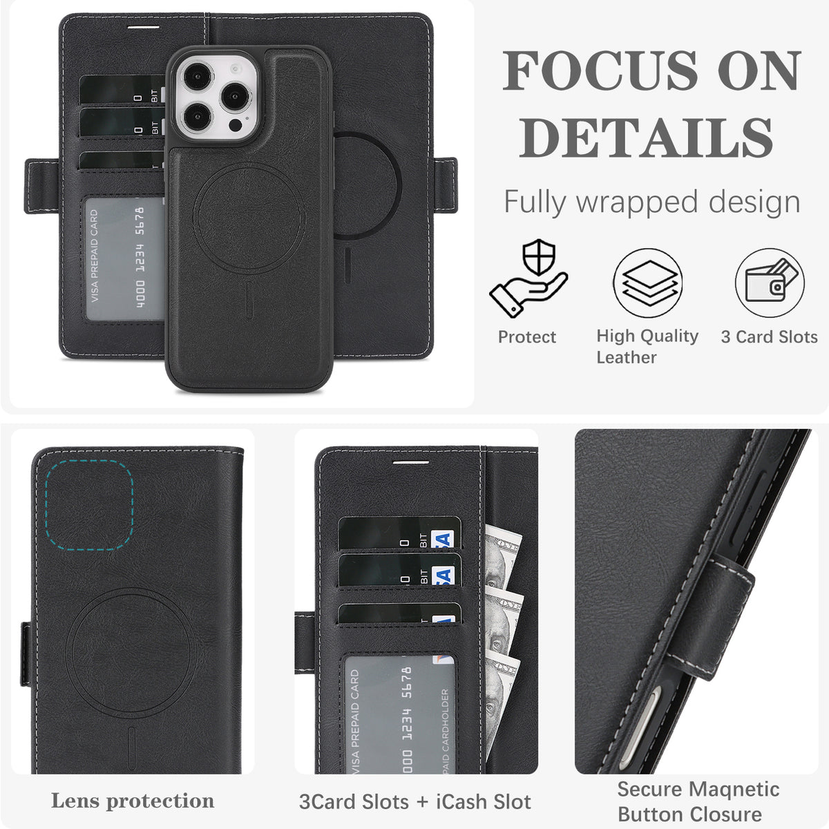 For iPhone 13 Pro Max Case Detachable 2 in 1 Leather Wallet Phone Cover Compatible with MagSafe