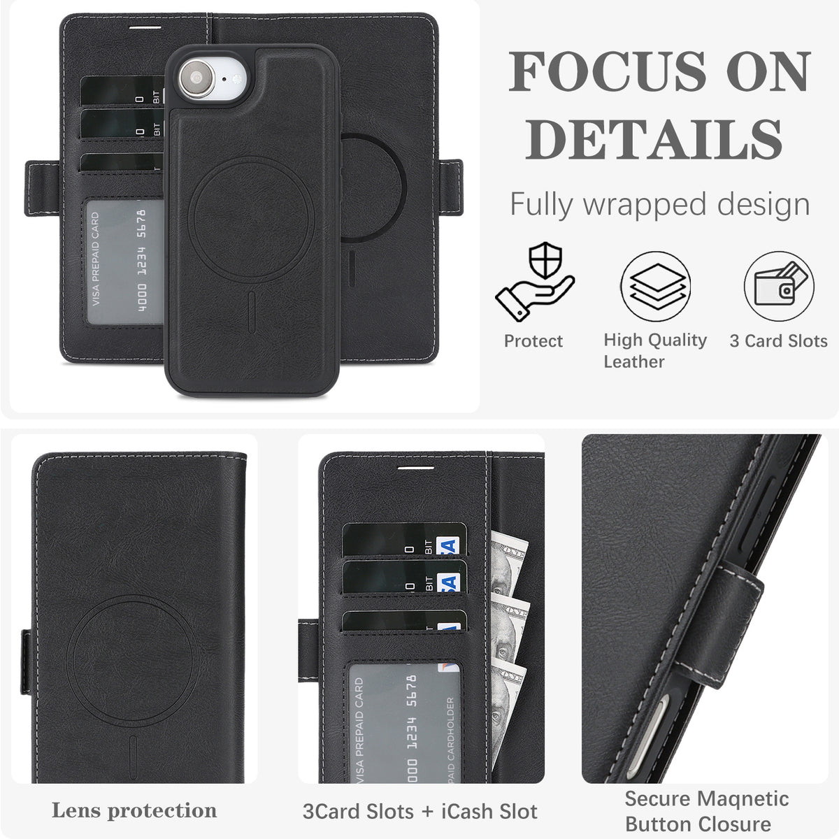 For iPhone 17th / 16th Case Detachable 2-in-1 Leather Wallet Phone Cover Compatible with MagSafe