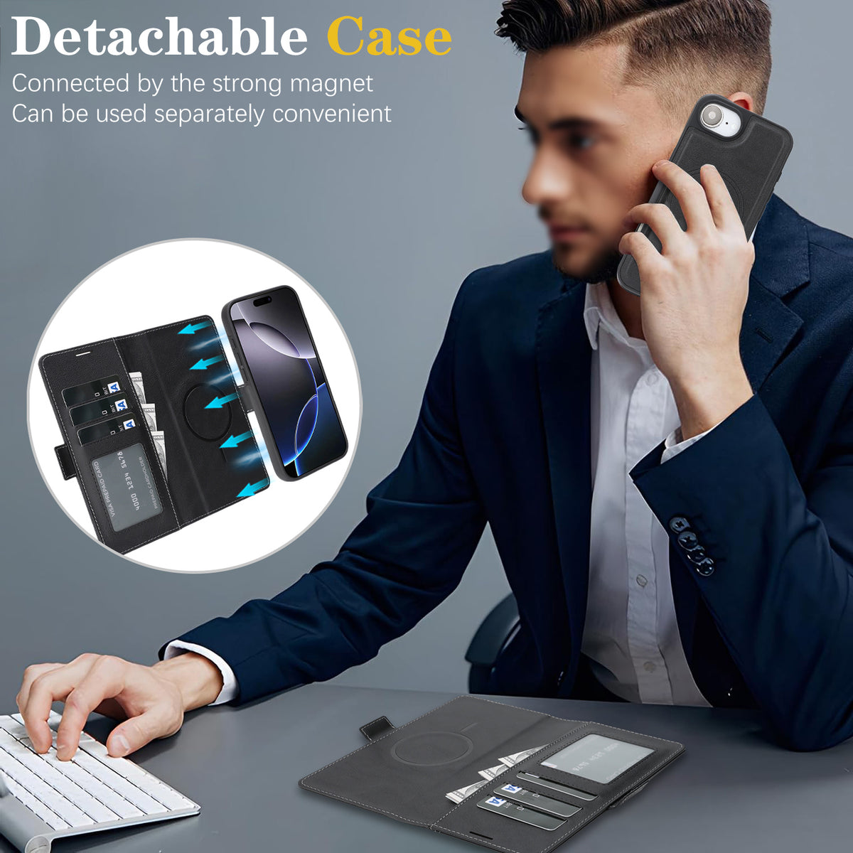 For iPhone 17th / 16th Case Detachable 2-in-1 Leather Wallet Phone Cover Compatible with MagSafe