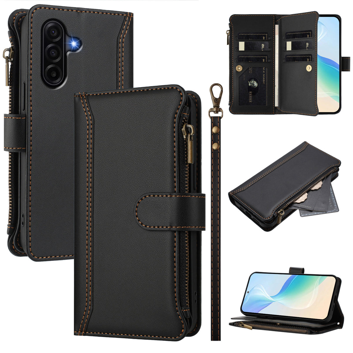 Til Samsung Galaxy A57 5G Læderetui 9 Kortlommer Lynlås Pung Stativ Telefoncover med Håndrem