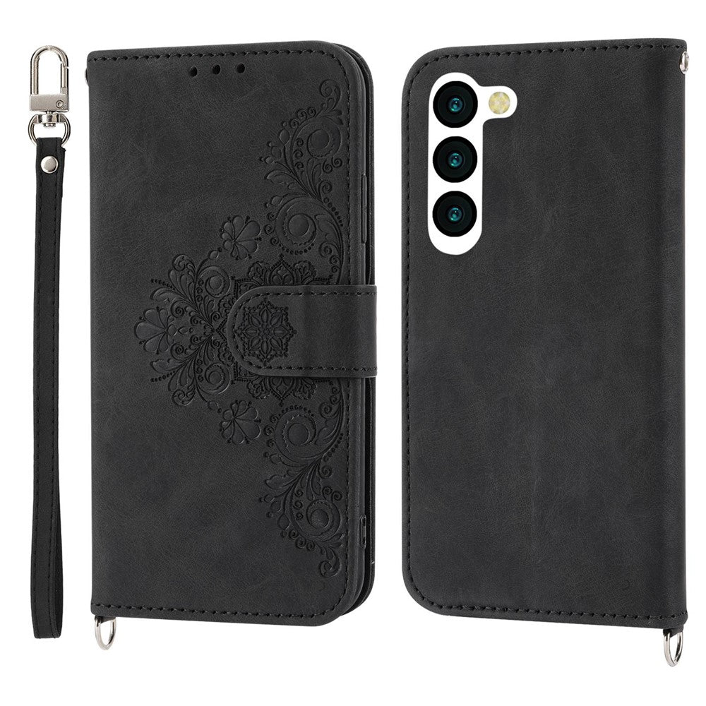 For Samsung Galaxy S23 Skin-touch PU Leather Imprinted Flowers Phone Wallet Case Multiple Card Slots Stand Cover with Wrist Strap and Shoulder Strap