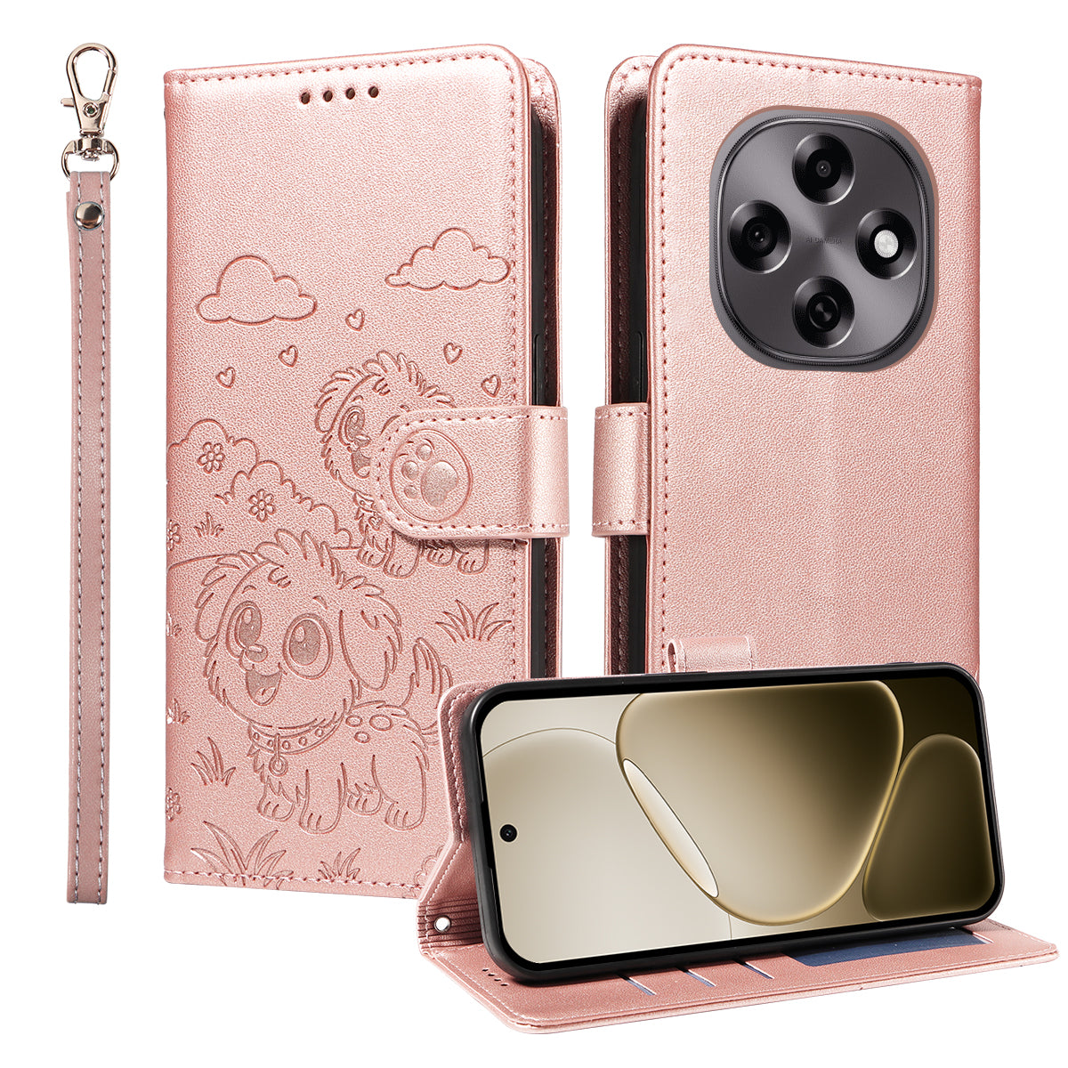 For Oppo F31 Pro 5G / Oppo A6 Pro 5G (China) Case RFID Blocking Imprinted Dog Pattern PU Leather Phone Cover with Wrist Strap