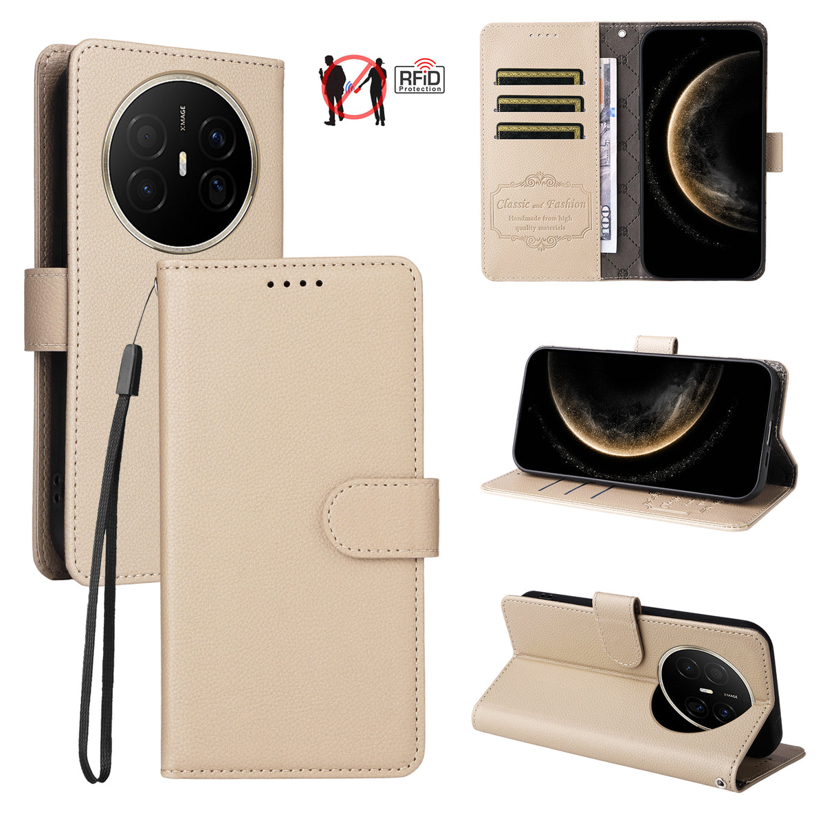 For Huawei Mate 70 Air Case RFID Blocking 3 Card Slots PU Leather Phone Cover with Wrist Strap