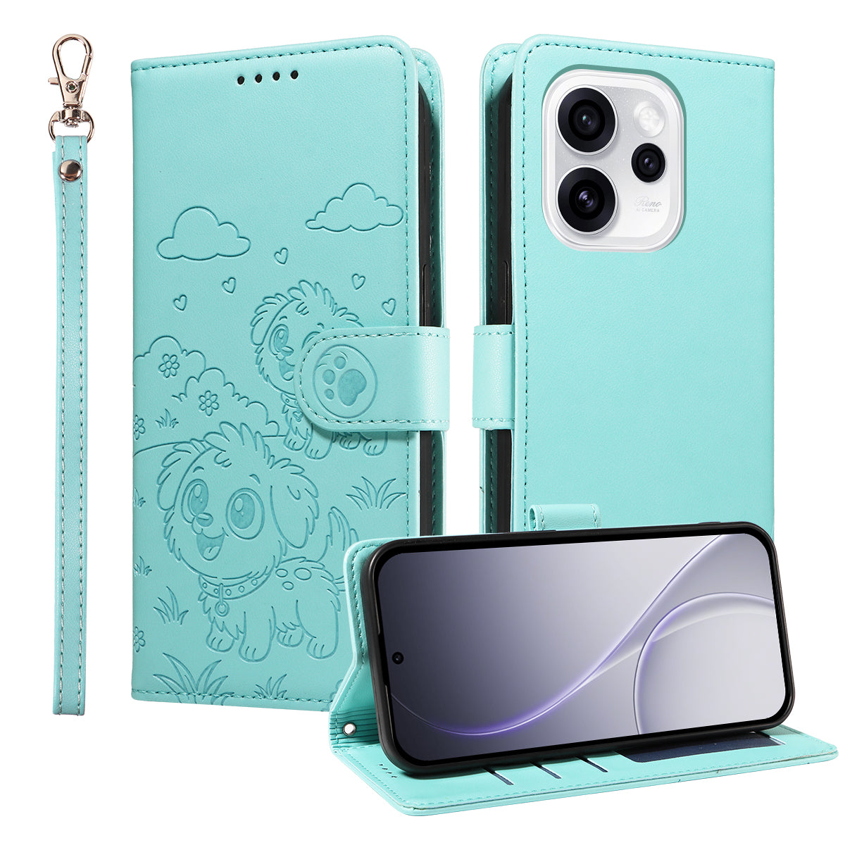 For Oppo Reno15 Pro Max 5G (Global) / Reno15 Pro 5G (China) Case RFID Blocking Imprinted Dog Pattern PU Leather Phone Cover with Wrist Strap