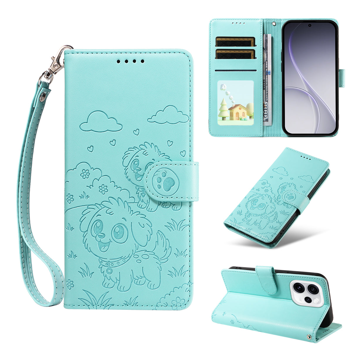 For Oppo Reno15 Pro Max 5G (Global) / Reno15 Pro 5G (China) Case RFID Blocking Imprinted Dog Pattern PU Leather Phone Cover with Wrist Strap
