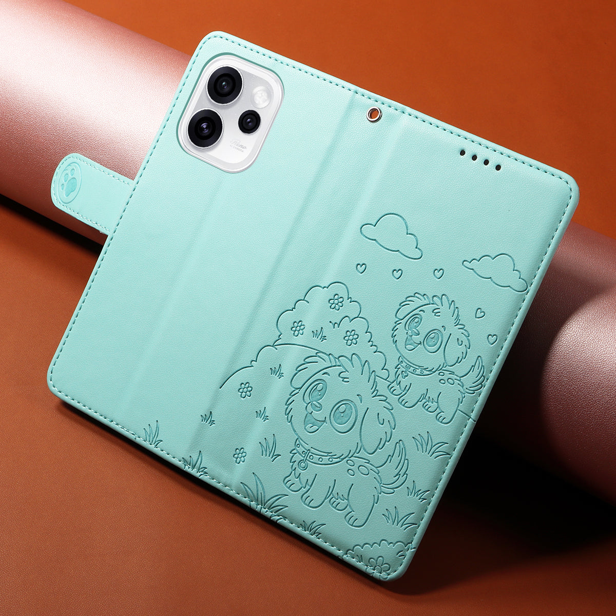For Oppo Reno15 Pro Max 5G (Global) / Reno15 Pro 5G (China) Case RFID Blocking Imprinted Dog Pattern PU Leather Phone Cover with Wrist Strap