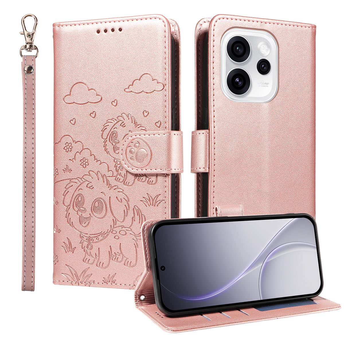 For Oppo Reno15 Pro Max 5G (Global) / Reno15 Pro 5G (China) Case RFID Blocking Imprinted Dog Pattern PU Leather Phone Cover with Wrist Strap