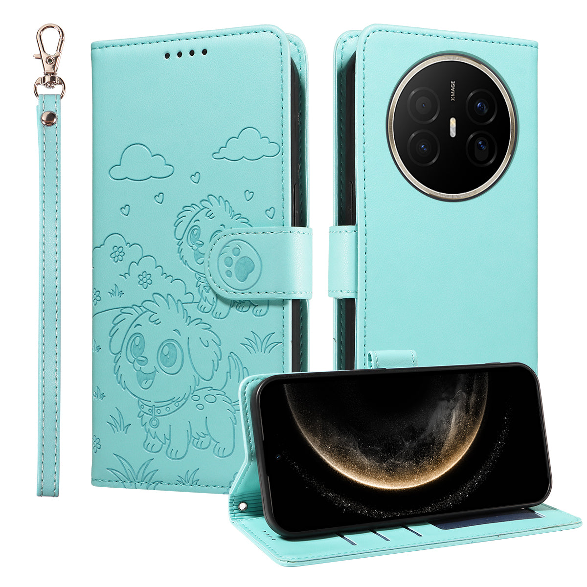 For Huawei Mate 70 Air Case RFID Blocking Imprinted Dog Pattern PU Leather Phone Cover with Wrist Strap