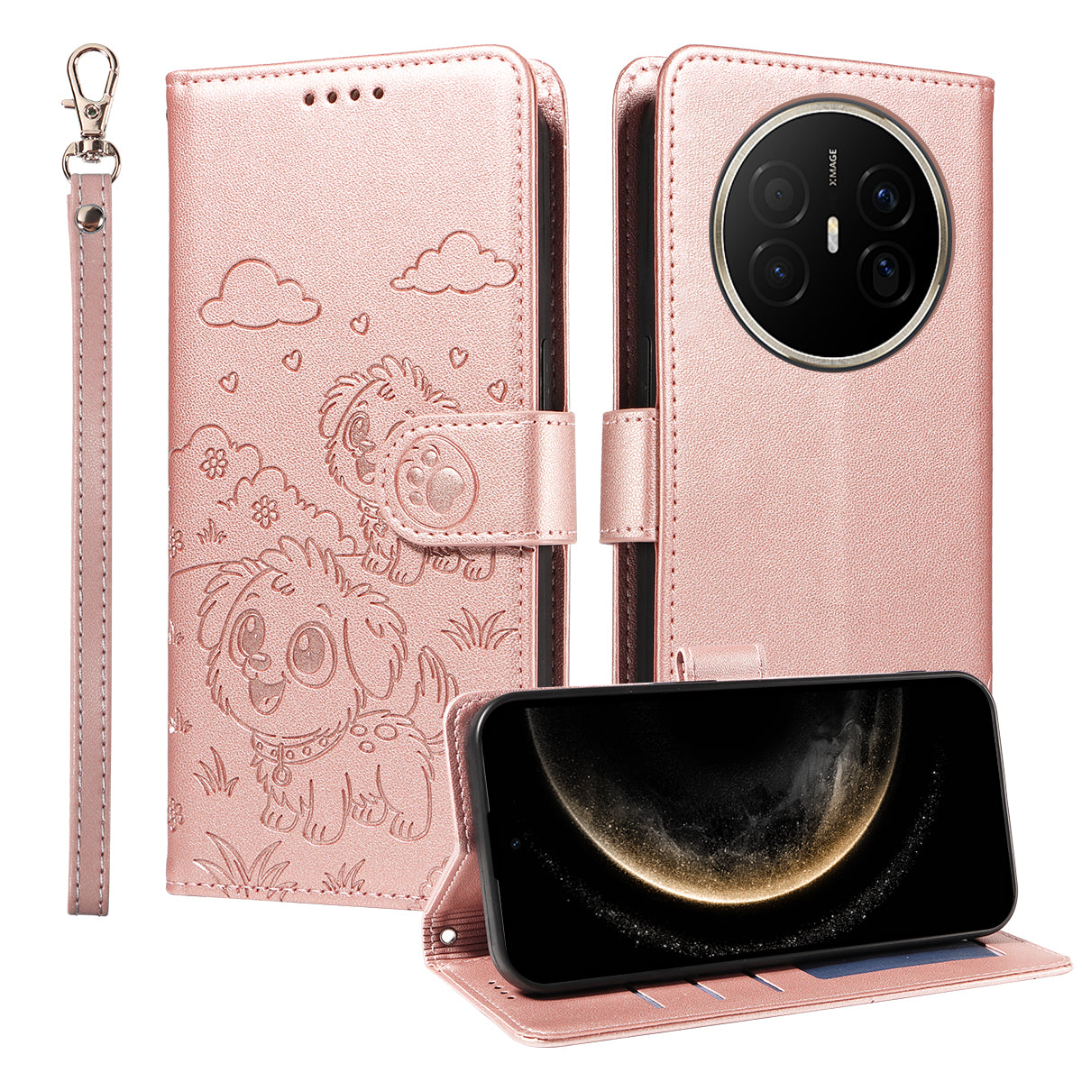 For Huawei Mate 70 Air Case RFID Blocking Imprinted Dog Pattern PU Leather Phone Cover with Wrist Strap