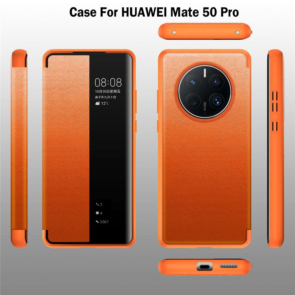 For Huawei Mate 50 Pro 4G View Window Design Auto Wake and Sleep Flip Cover Anti-fall PU Leather+TPU+Acrylic Phone Case