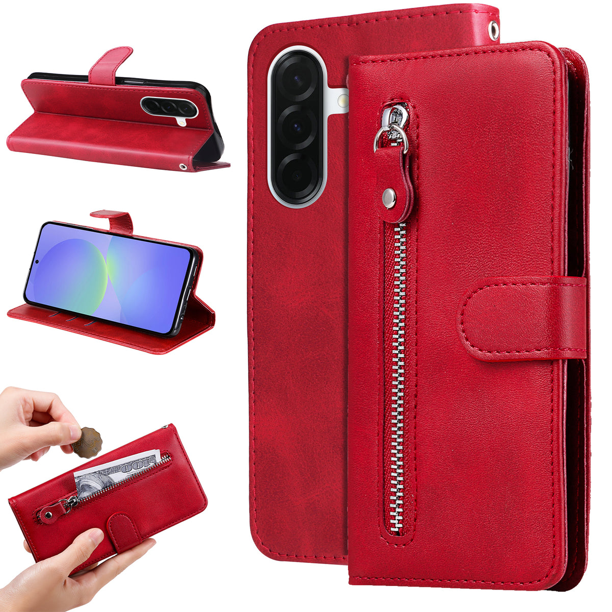 For Samsung Galaxy A37 5G PU Leather Cases with Zipper Pocket Wallet Phone Cover Stand