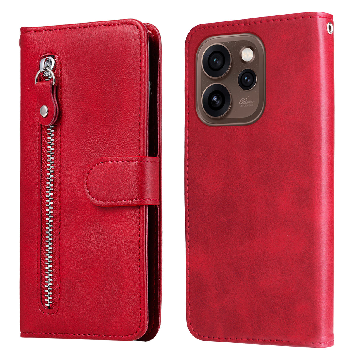 Oppo Reno15 Pro 5G (Global) / Reno15 5G (Kina) PU-läderfodral med dragkedja och plånboksfodral i stativ