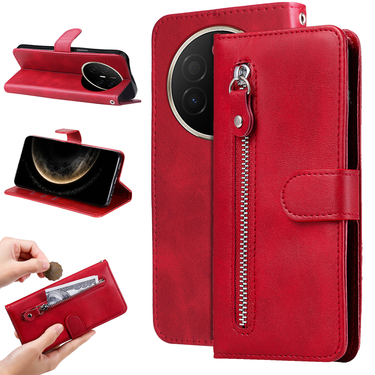 For Huawei Mate 70 Air PU Leather Cases with Zipper Pocket Wallet Phone Cover Stand