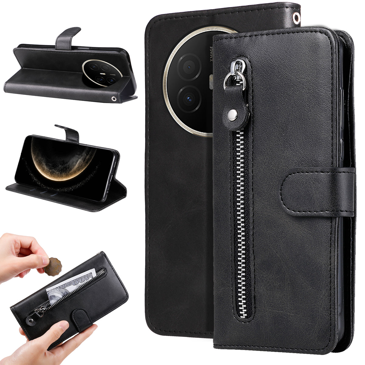 For Huawei Mate 70 Air PU Leather Cases with Zipper Pocket Wallet Phone Cover Stand