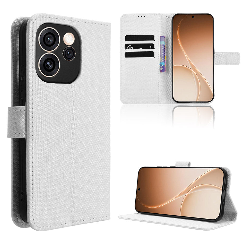 Oppo Reno15 Pro Max 5G (Global) / Reno15 Pro 5G (Kina) Läderplånboksfodral med rem Diamantstruktur mobilskal