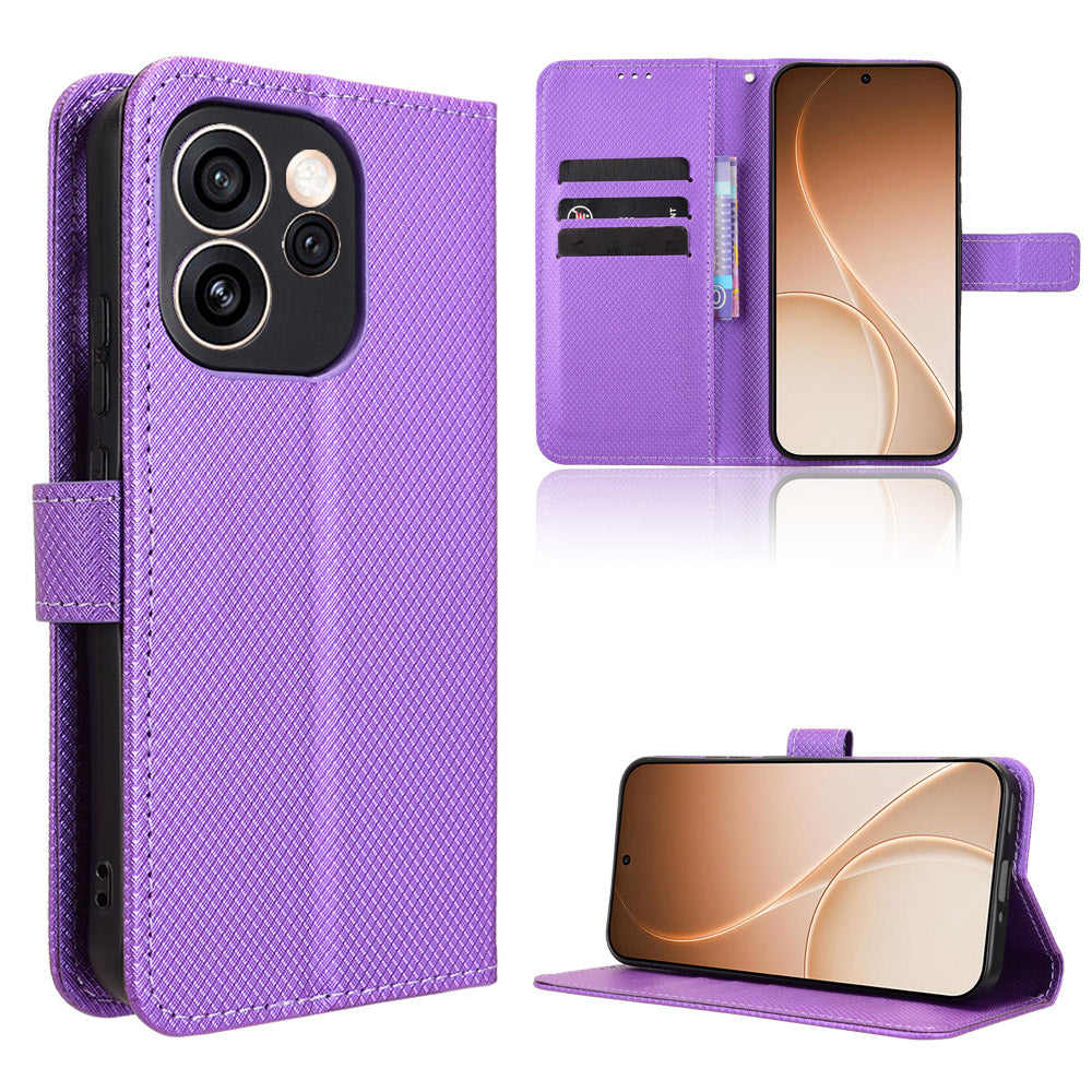 Oppo Reno15 Pro Max 5G (Global) / Reno15 Pro 5G (Kina) Läderplånboksfodral med rem Diamantstruktur mobilskal
