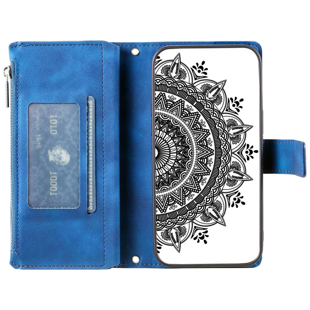 For iPhone 12 Pro Max 6.7 inch Mandala Flower Imprinted Drop-proof Phone Cover Stand with Multiple Card Slots Zipper Pocket Wallet PU Leather Phone Case with Strap