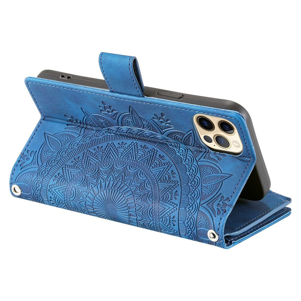 For iPhone 12 Pro Max 6.7 inch Mandala Flower Imprinted Drop-proof Phone Cover Stand with Multiple Card Slots Zipper Pocket Wallet PU Leather Phone Case with Strap