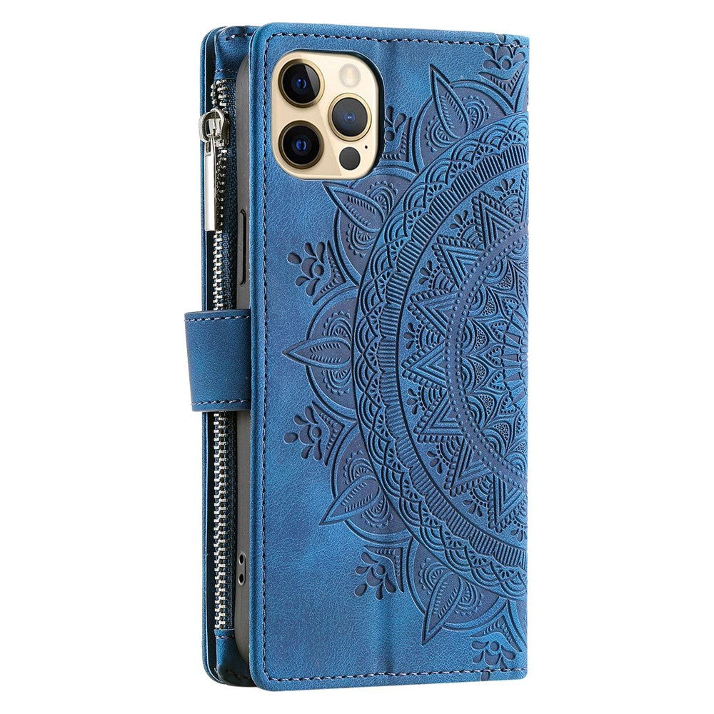 For iPhone 12 Pro Max 6.7 inch Mandala Flower Imprinted Drop-proof Phone Cover Stand with Multiple Card Slots Zipper Pocket Wallet PU Leather Phone Case with Strap