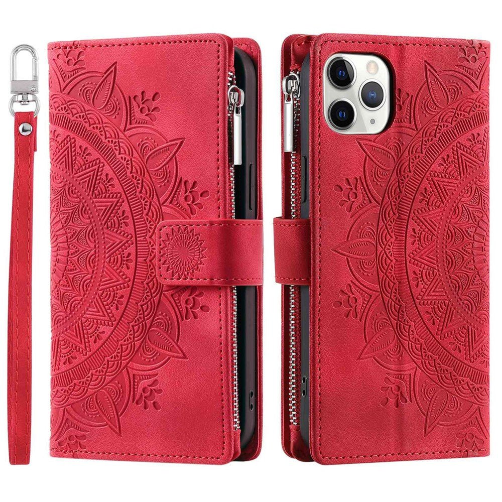 Shockproof Cell Phone Cover For iPhone 11 Pro Max 6.5 inch, Mandala Flower Imprinted Zipper Pocket Wallet Stand Multiple Card Slots PU Leather Phone Case with Strap
