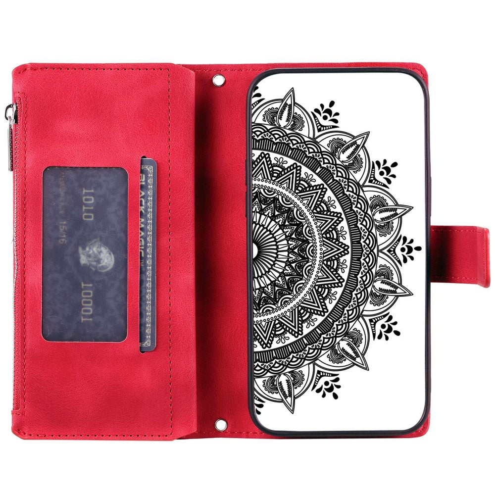 Shockproof Cell Phone Cover For iPhone 11 Pro Max 6.5 inch, Mandala Flower Imprinted Zipper Pocket Wallet Stand Multiple Card Slots PU Leather Phone Case with Strap