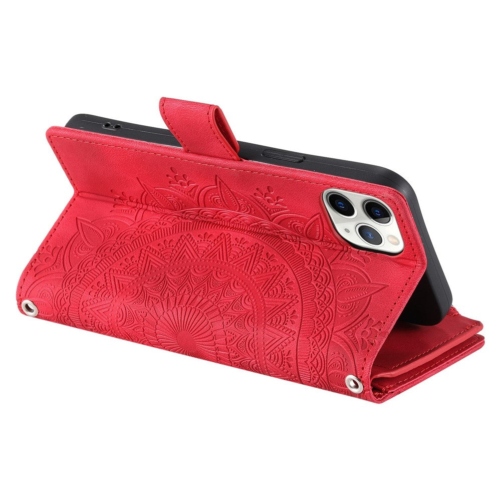 Shockproof Cell Phone Cover For iPhone 11 Pro Max 6.5 inch, Mandala Flower Imprinted Zipper Pocket Wallet Stand Multiple Card Slots PU Leather Phone Case with Strap