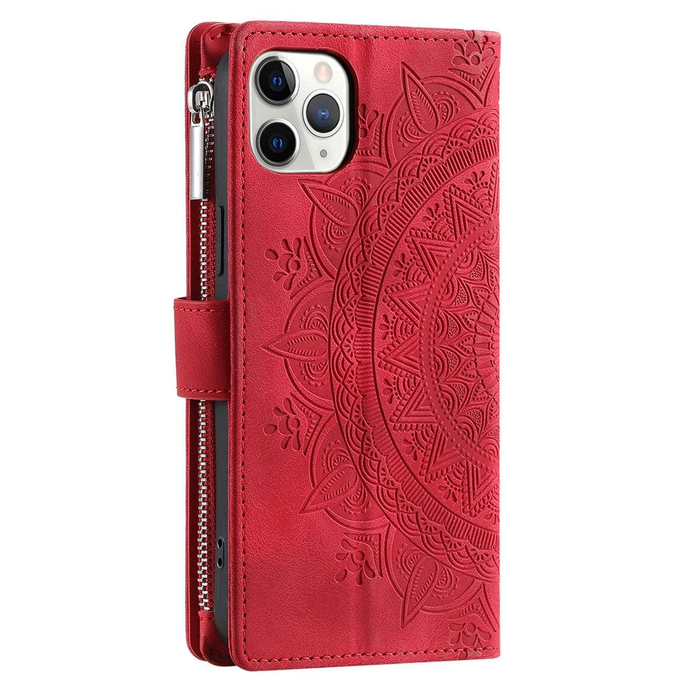Shockproof Cell Phone Cover For iPhone 11 Pro Max 6.5 inch, Mandala Flower Imprinted Zipper Pocket Wallet Stand Multiple Card Slots PU Leather Phone Case with Strap