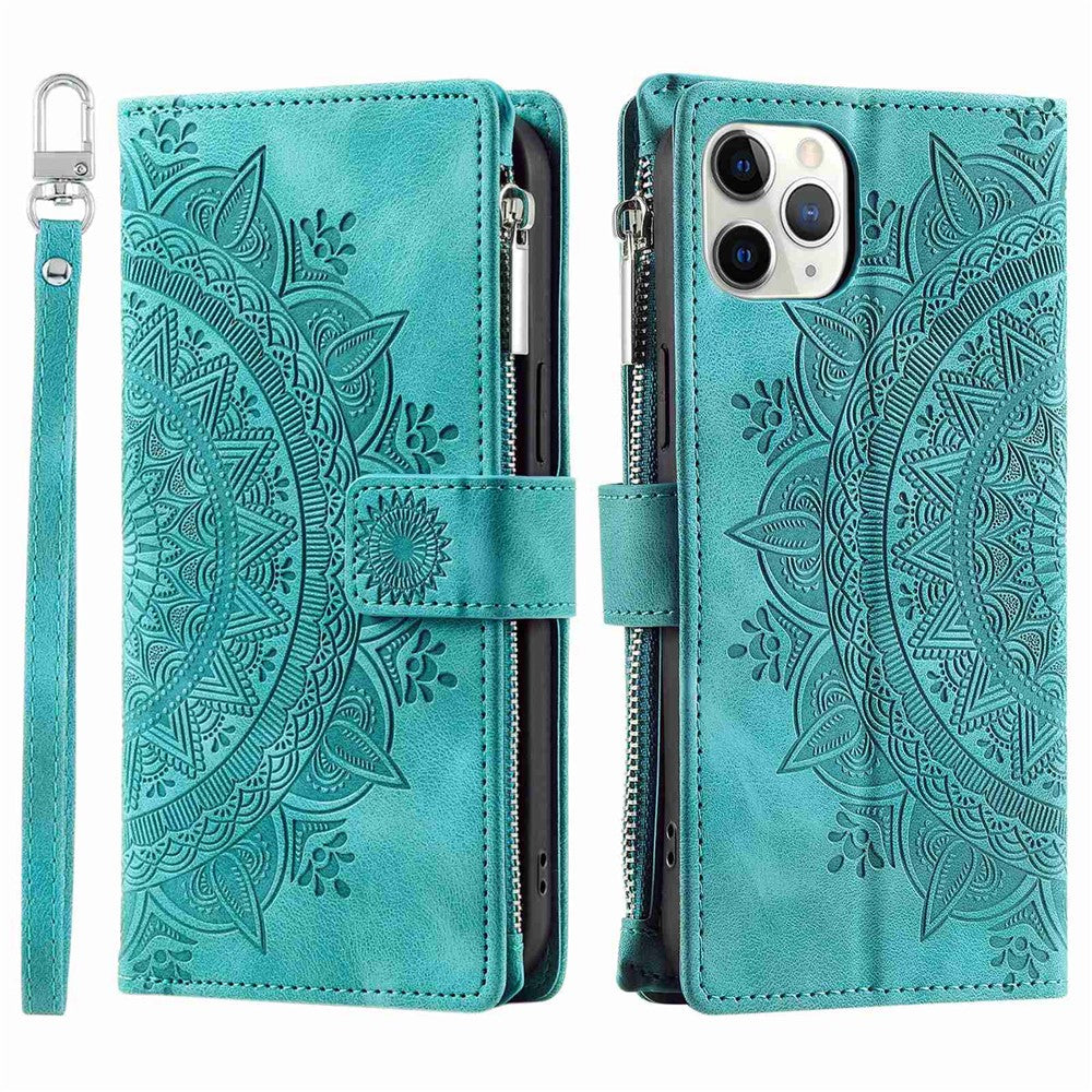 Shockproof Cell Phone Cover For iPhone 11 Pro Max 6.5 inch, Mandala Flower Imprinted Zipper Pocket Wallet Stand Multiple Card Slots PU Leather Phone Case with Strap