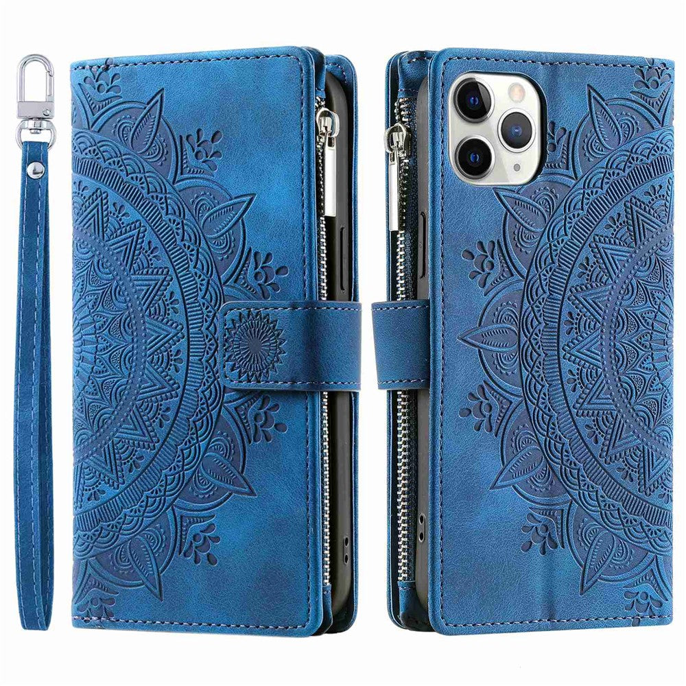 Shockproof Cell Phone Cover For iPhone 11 Pro Max 6.5 inch, Mandala Flower Imprinted Zipper Pocket Wallet Stand Multiple Card Slots PU Leather Phone Case with Strap