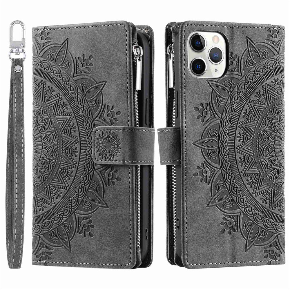 Shockproof Cell Phone Cover For iPhone 11 Pro Max 6.5 inch, Mandala Flower Imprinted Zipper Pocket Wallet Stand Multiple Card Slots PU Leather Phone Case with Strap