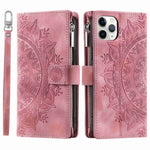 Shockproof Cell Phone Cover For iPhone 11 Pro Max 6.5 inch, Mandala Flower Imprinted Zipper Pocket Wallet Stand Multiple Card Slots PU Leather Phone Case with Strap