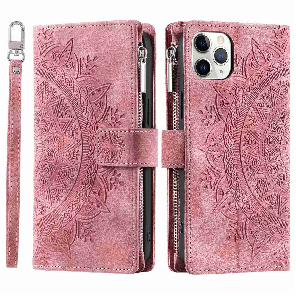 Shockproof Cell Phone Cover For iPhone 11 Pro Max 6.5 inch, Mandala Flower Imprinted Zipper Pocket Wallet Stand Multiple Card Slots PU Leather Phone Case with Strap