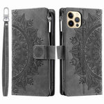 For iPhone 12 6.1 inch / 12 Pro 6.1 Anti-scratch Zipper Pocket Wallet Cover Stand Mandala Flower Imprinted PU Leather Phone Case with Multiple Card Slots and Strap
