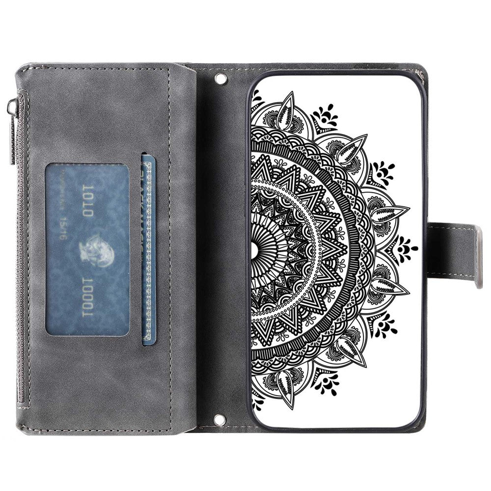 For iPhone 12 6.1 inch / 12 Pro 6.1 Anti-scratch Zipper Pocket Wallet Cover Stand Mandala Flower Imprinted PU Leather Phone Case with Multiple Card Slots and Strap