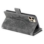 For iPhone 12 6.1 inch / 12 Pro 6.1 Anti-scratch Zipper Pocket Wallet Cover Stand Mandala Flower Imprinted PU Leather Phone Case with Multiple Card Slots and Strap