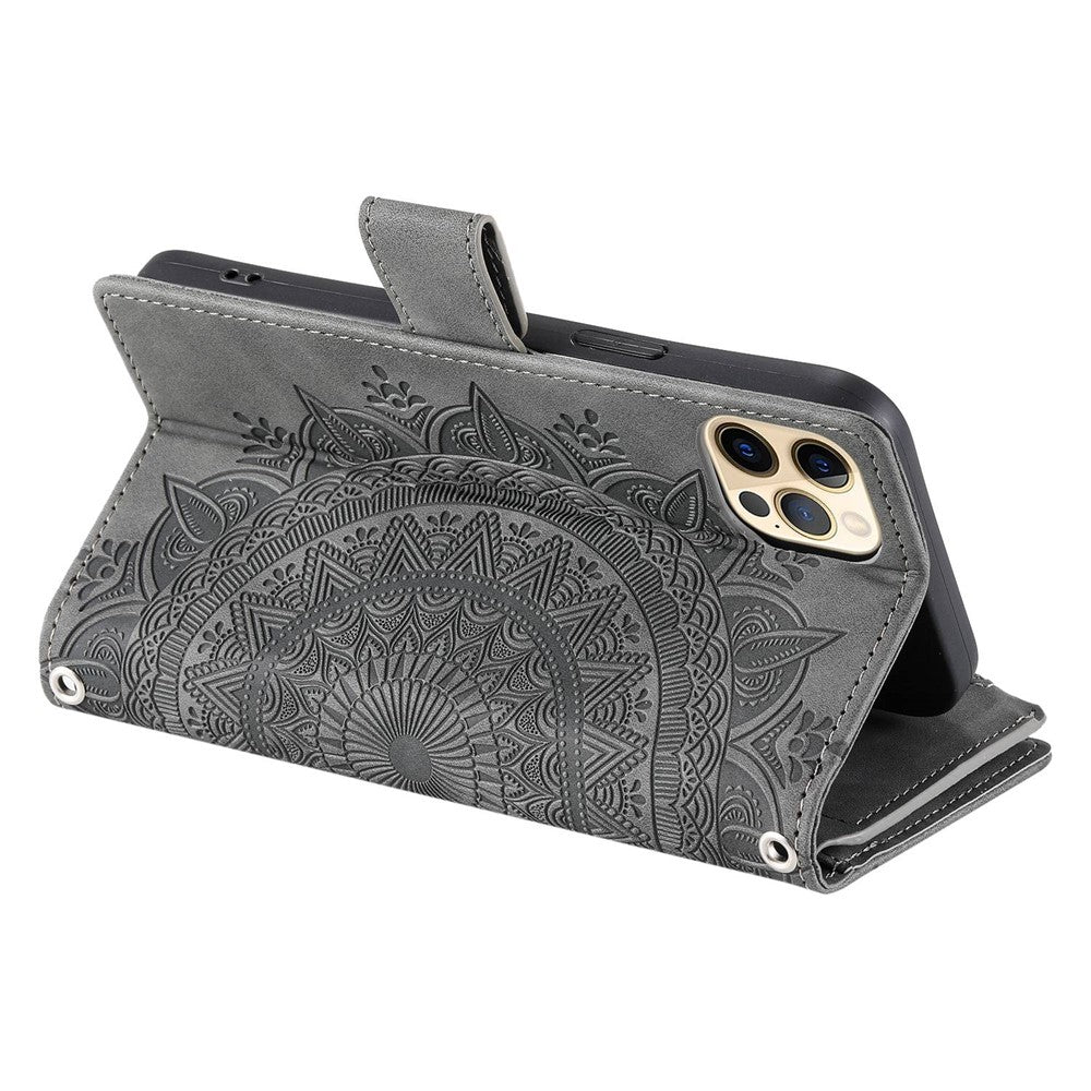For iPhone 12 6.1 inch / 12 Pro 6.1 Anti-scratch Zipper Pocket Wallet Cover Stand Mandala Flower Imprinted PU Leather Phone Case with Multiple Card Slots and Strap