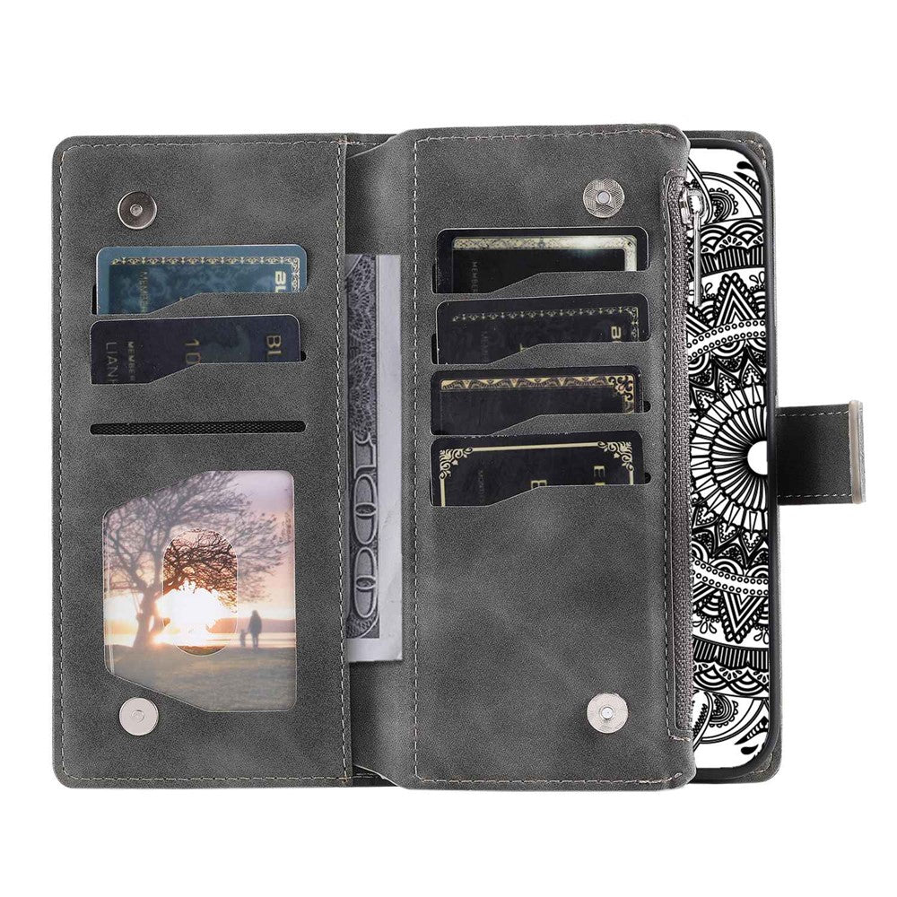 For iPhone 12 6.1 inch / 12 Pro 6.1 Anti-scratch Zipper Pocket Wallet Cover Stand Mandala Flower Imprinted PU Leather Phone Case with Multiple Card Slots and Strap