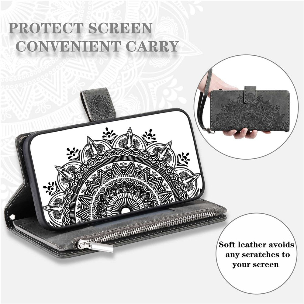For iPhone 12 6.1 inch / 12 Pro 6.1 Anti-scratch Zipper Pocket Wallet Cover Stand Mandala Flower Imprinted PU Leather Phone Case with Multiple Card Slots and Strap