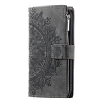 For iPhone 12 6.1 inch / 12 Pro 6.1 Anti-scratch Zipper Pocket Wallet Cover Stand Mandala Flower Imprinted PU Leather Phone Case with Multiple Card Slots and Strap