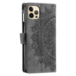 For iPhone 12 6.1 inch / 12 Pro 6.1 Anti-scratch Zipper Pocket Wallet Cover Stand Mandala Flower Imprinted PU Leather Phone Case with Multiple Card Slots and Strap