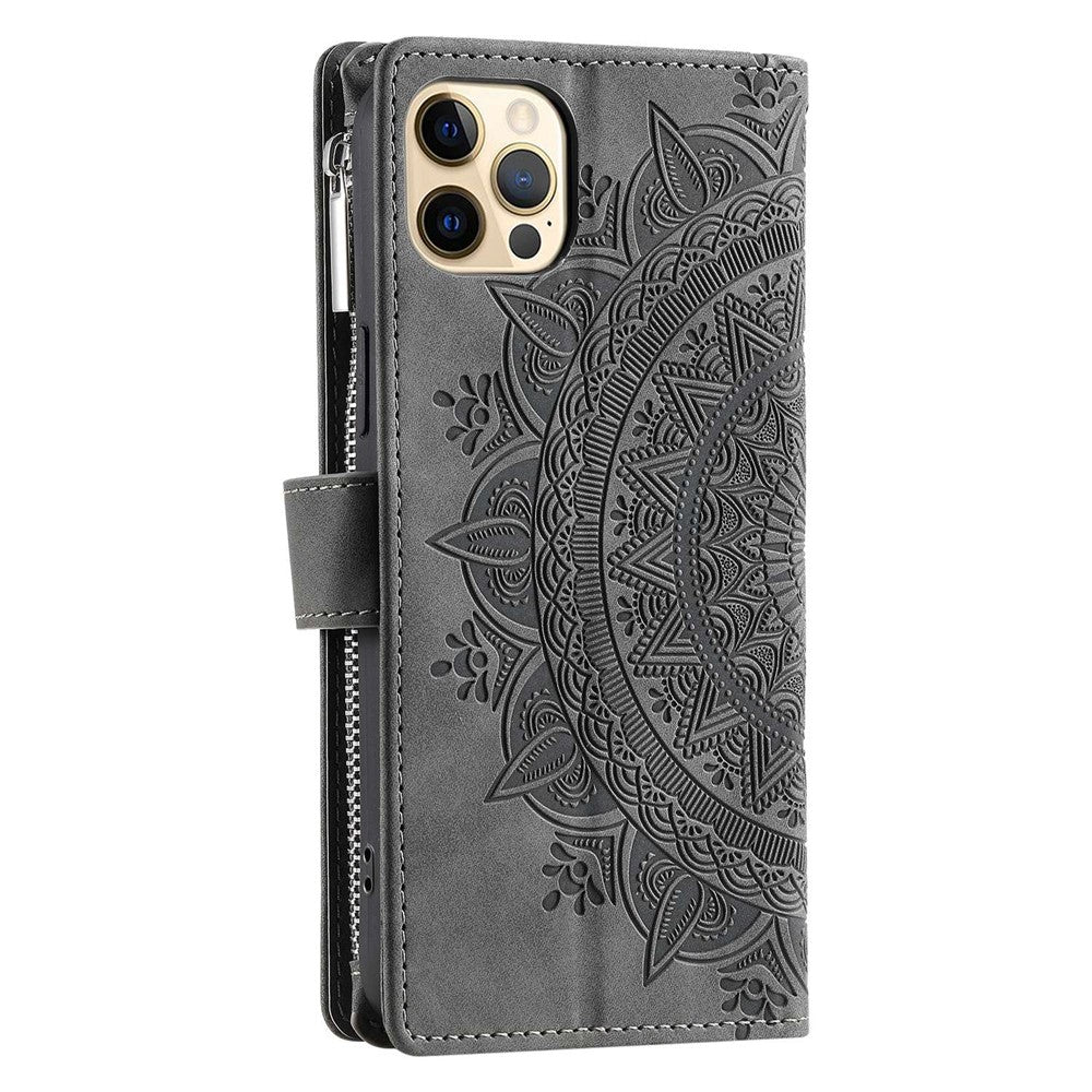 For iPhone 12 6.1 inch / 12 Pro 6.1 Anti-scratch Zipper Pocket Wallet Cover Stand Mandala Flower Imprinted PU Leather Phone Case with Multiple Card Slots and Strap
