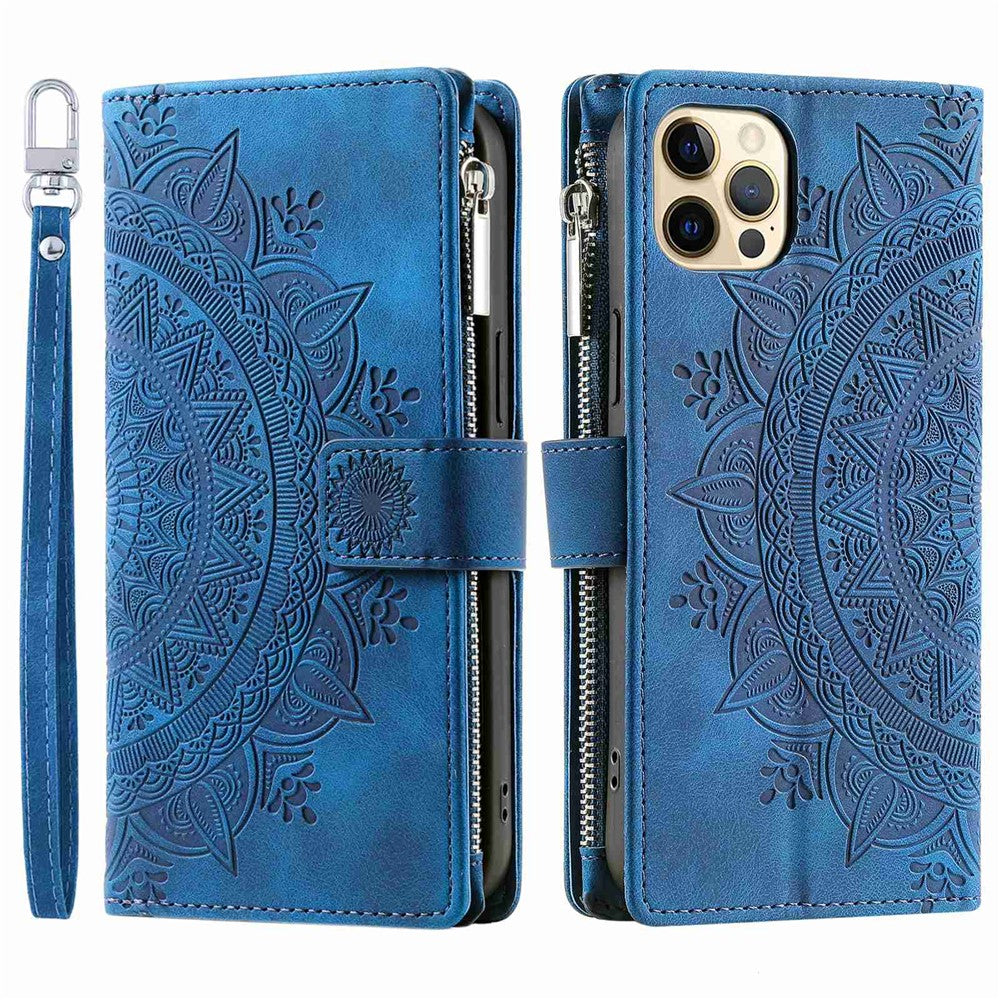 For iPhone 12 6.1 inch / 12 Pro 6.1 Anti-scratch Zipper Pocket Wallet Cover Stand Mandala Flower Imprinted PU Leather Phone Case with Multiple Card Slots and Strap