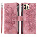 For iPhone 12 6.1 inch / 12 Pro 6.1 Anti-scratch Zipper Pocket Wallet Cover Stand Mandala Flower Imprinted PU Leather Phone Case with Multiple Card Slots and Strap